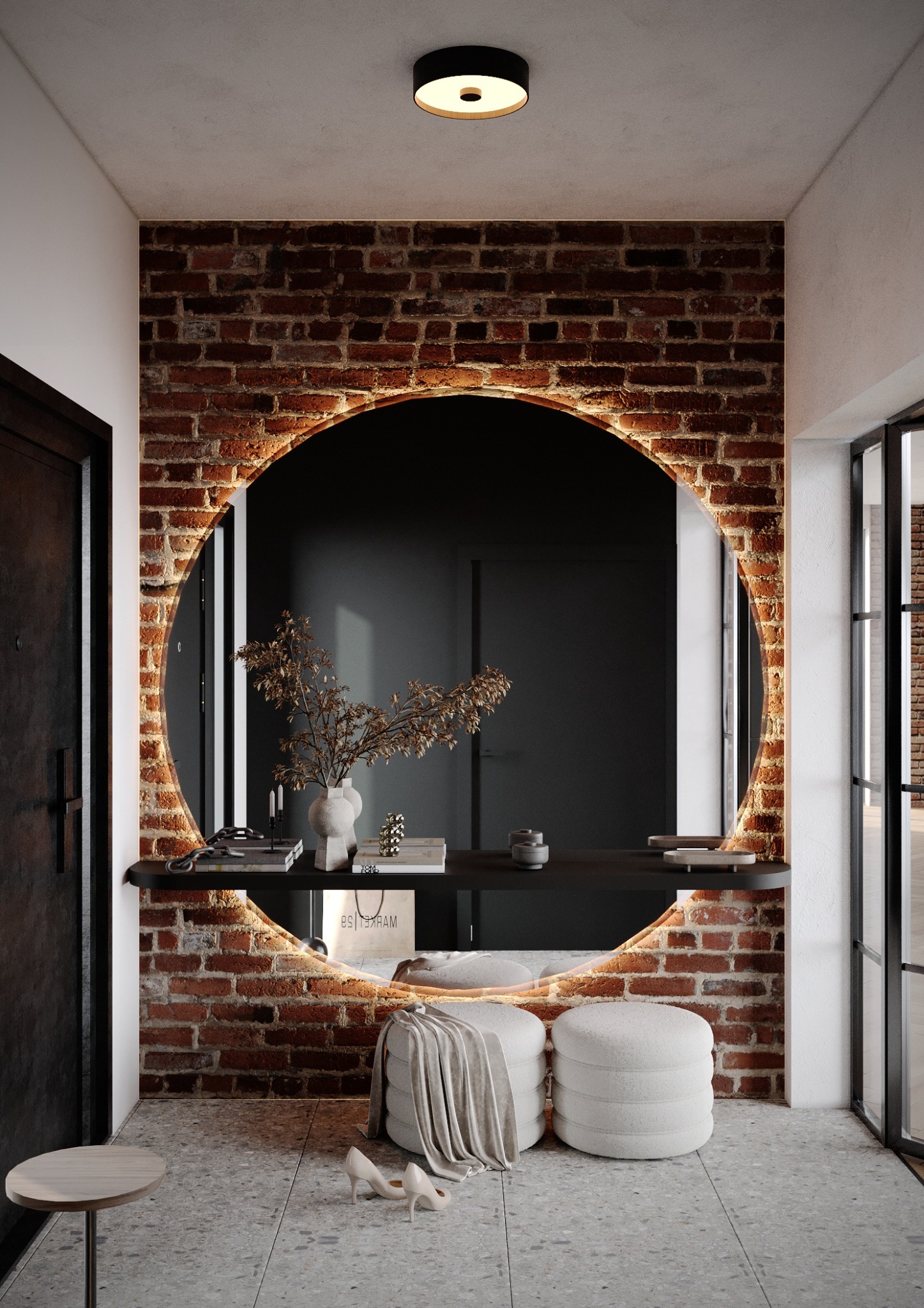 Nowoczesny przedpokój z okrągłym lustrem podświetlonym LED, ceglaną ścianą, pufami i beżowymi szpilkami leżącymi na podłodze z lastryko.