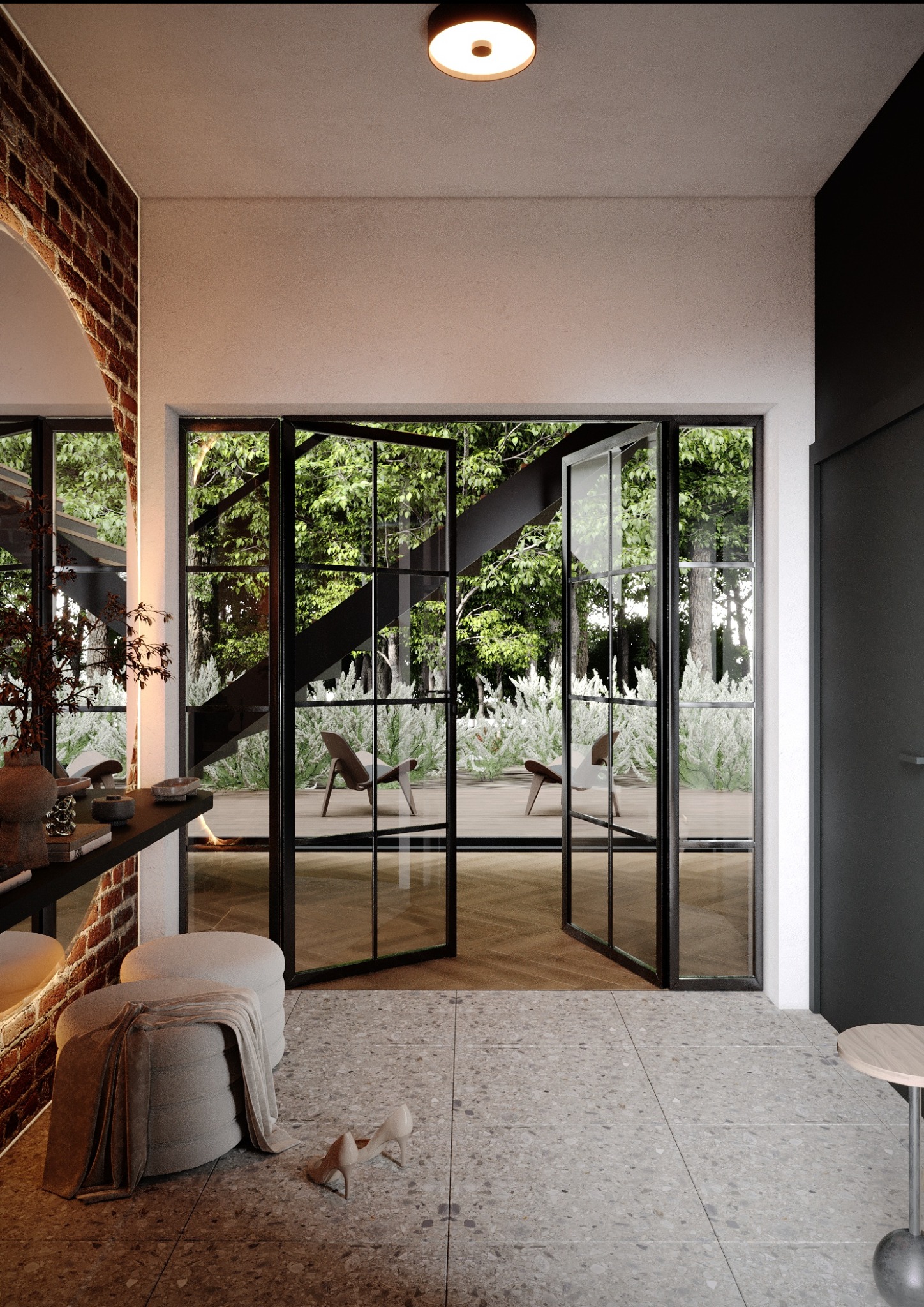 Nowoczesna łazienka z wyjściem na taras, ceglana ściana z lustrem, pufa z narzutą i szpilki na podłodze z lastryko.