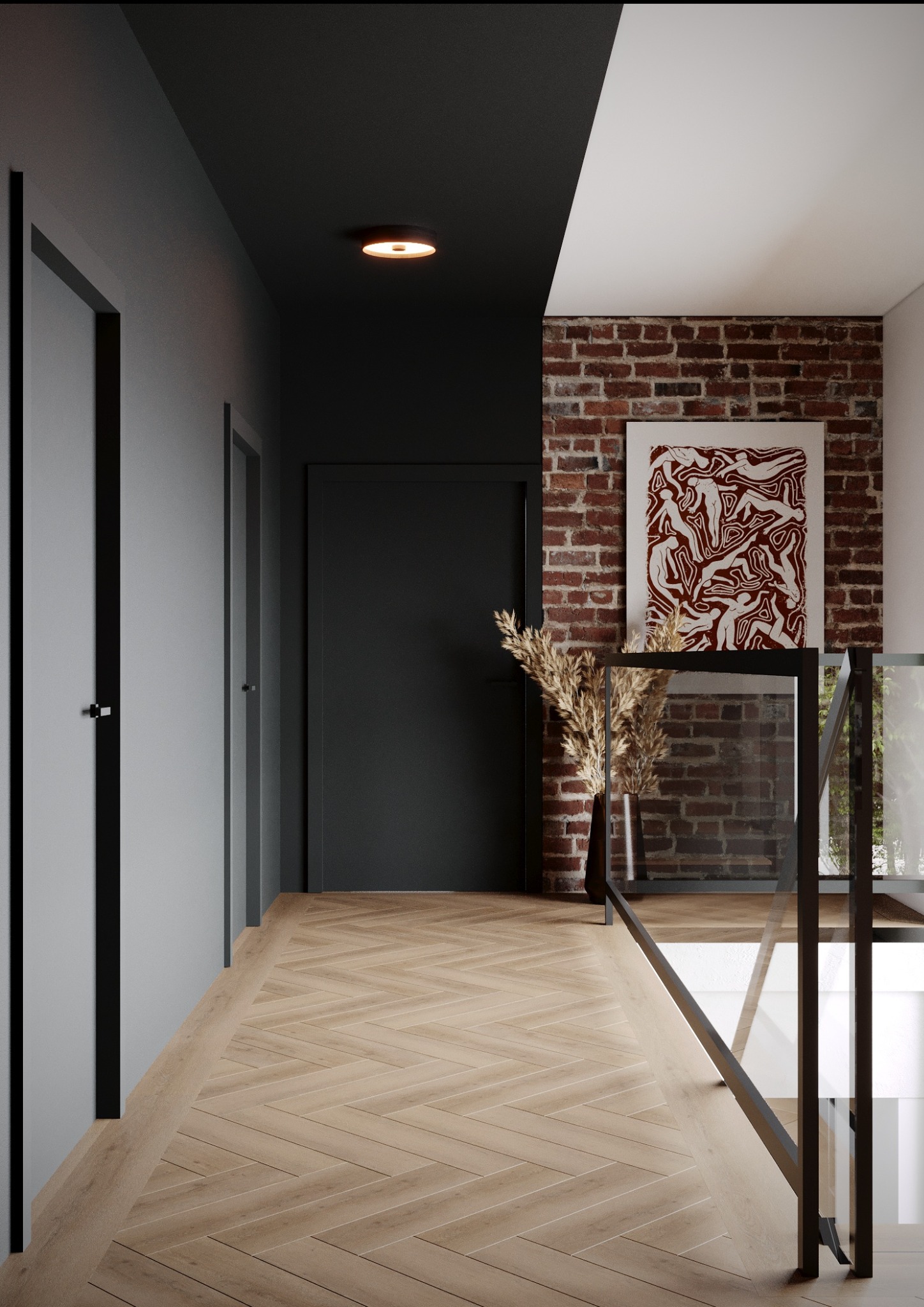 Nowoczesny korytarz z parkietem w jodełkę, ceglaną ścianą z abstrakcyjnym obrazem, czarnymi drzwiami i szarą ścianą z białymi listwami.