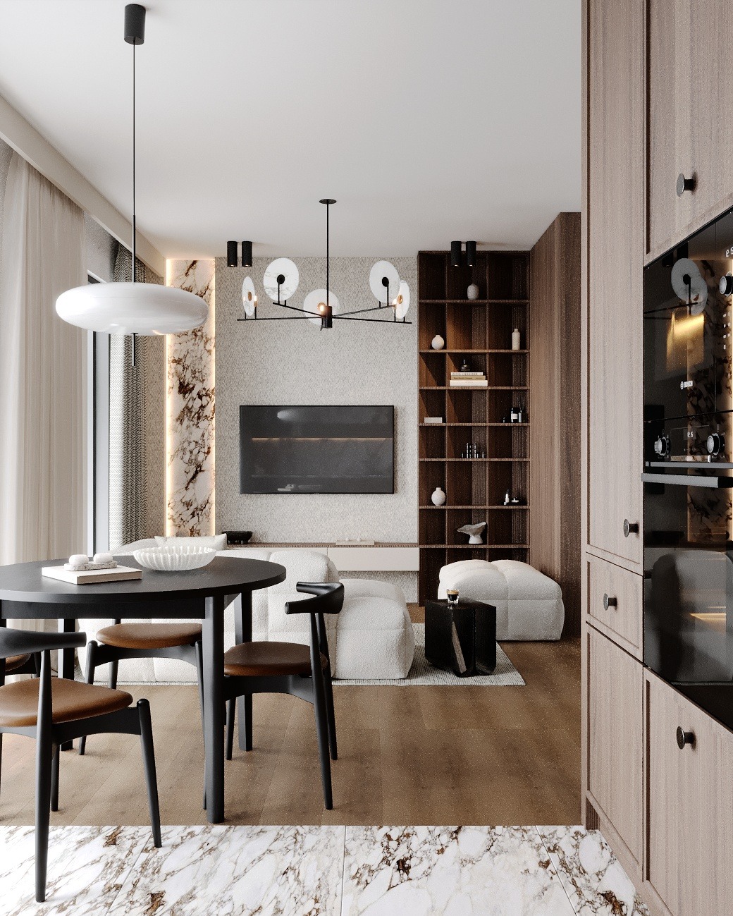 Nowoczesny salon z okrągłym stołem, czarnymi krzesłami z brązowymi siedziskami, białą sofą modułową i drewnianą zabudową kuchenną z piekarnikiem w tle.