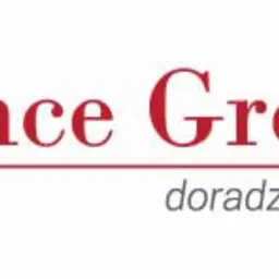 Logo Finance Group z czerwonym napisem i szarymi słupkami wykresu. Pod spodem szary napis 'doradztwo finansowe'.