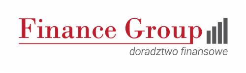 Logo Finance Group z czerwonym napisem i szarymi słupkami wykresu. Pod spodem szary napis 'doradztwo finansowe'.