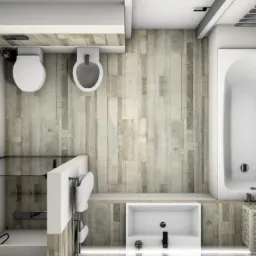 Nowoczesna łazienka z drewnopodobnymi płytkami, kabiną prysznicową ze szklaną ścianką, białą umywalką i wanną, widok z góry.