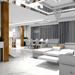 Nowoczesne wnętrze salonu z jadalnią w odcieniach bieli i szarości, z drewnianym filarem i kryształowym żyrandolem, widok na schody i rośliny doniczkowe, marmurowa podłoga.