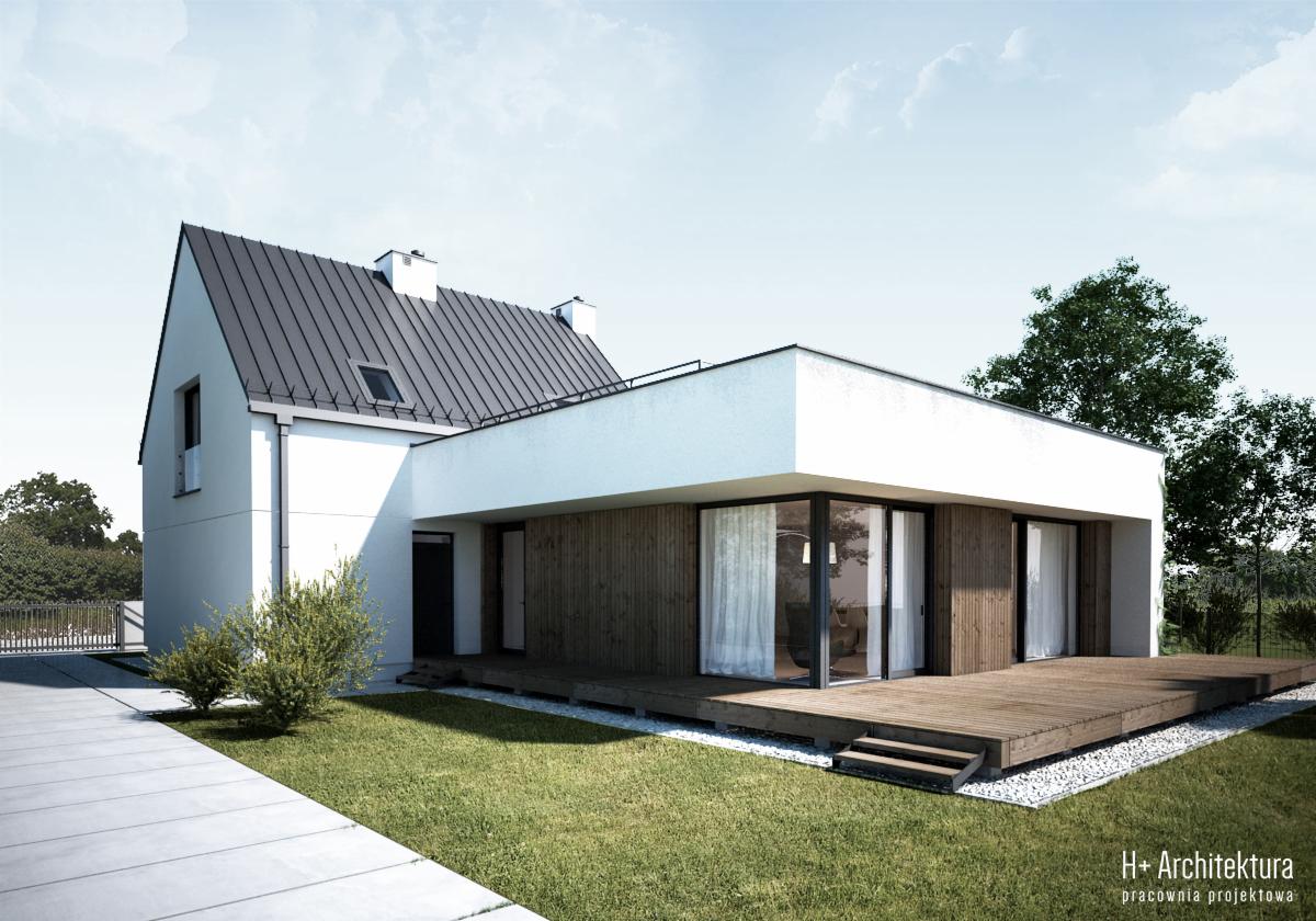 Wizualizacja nowoczesnego domu jednorodzinnego z dwuspadowym dachem i płaską dobudówką, drewnianym tarasem i dużymi przesuwnymi oknami, widok z zewnątrz na tle zieleni.