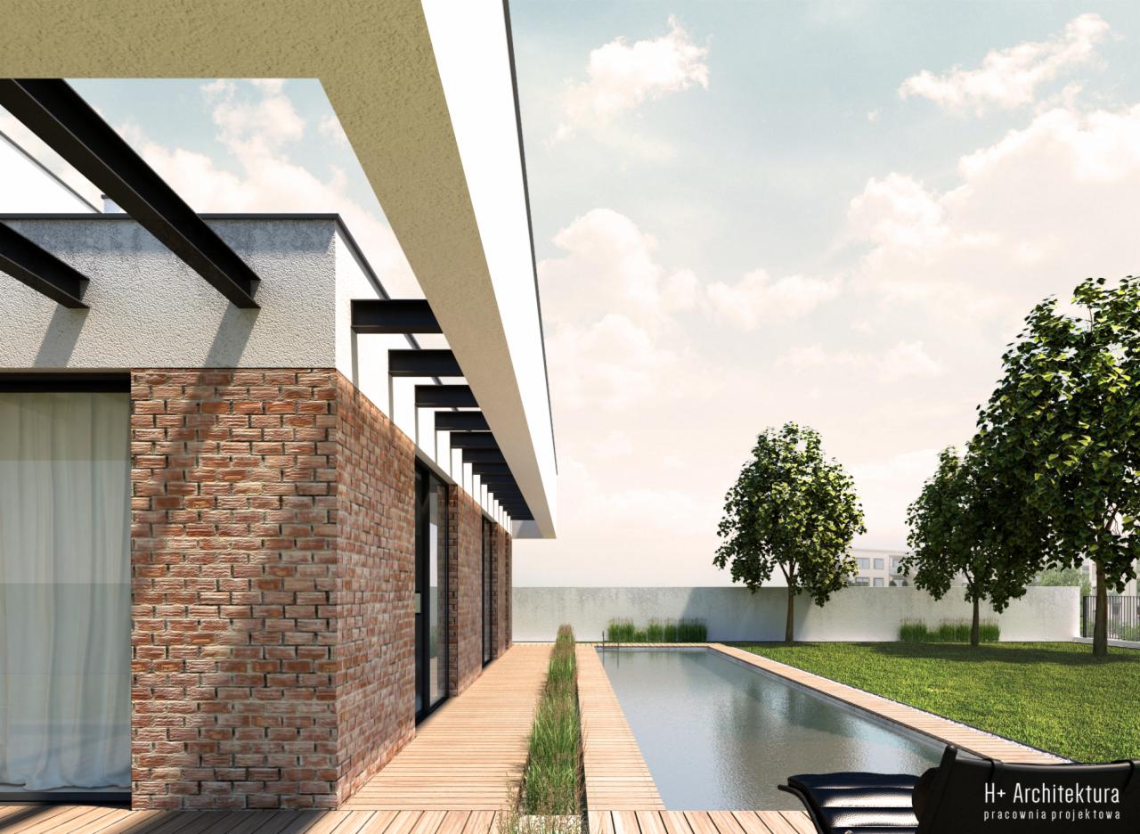 Wizualizacja nowoczesnego domu z basenem, elewacja z cegły klinkierowej, drewniany taras i minimalistyczna pergola.