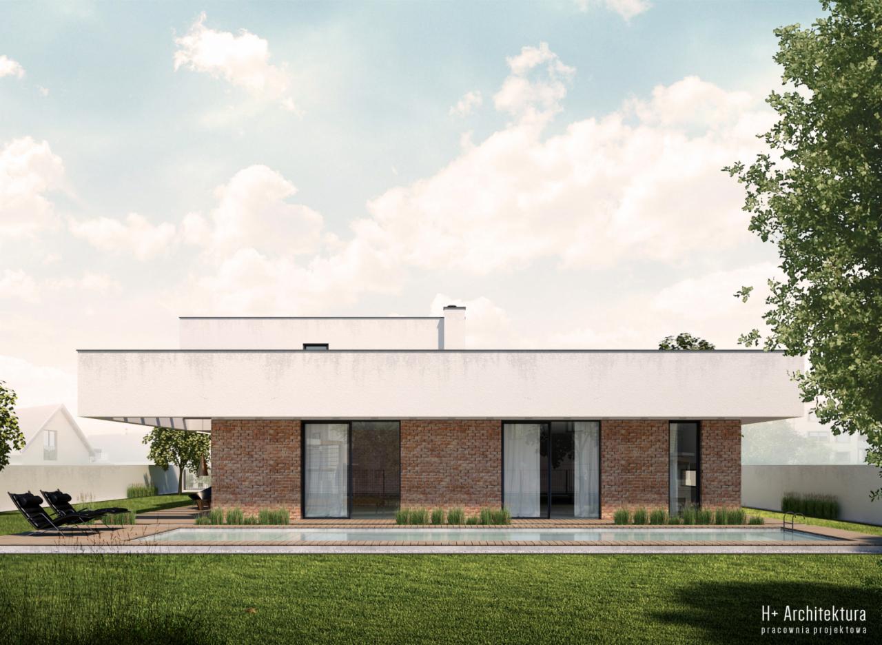 Wizualizacja nowoczesnego domu jednorodzinnego z basenem, elewacja z cegły klinkierowej i białego tynku, minimalistyczny design, widok z poziomu trawnika.