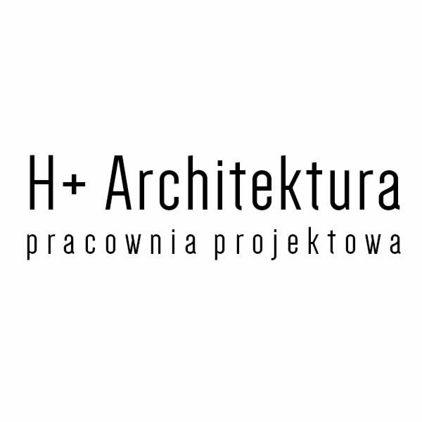 Logo pracowni projektowej H+ Architektura z napisem pracownia projektowa poniżej, czarne litery na białym tle.