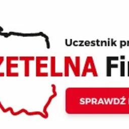 Logo programu Rzetelna Firma z konturem mapy Polski w kolorze czerwonym. Obok czerwony przycisk z napisem 'Sprawdź i oceń'.