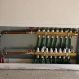 Rozdzielacz instalacji ogrzewania podłogowego w zabudowie, widoczne miedziane rury doprowadzające wodę i zielone rurki rozprowadzające ją do pętli grzewczych.