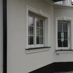 Fragment elewacji budynku z dwoma oknami z białymi ramami i ozdobnymi gzymsami, wykończony jasnym tynkiem strukturalnym i czarnym pasem przy gruncie, widoczne elementy dekoracyjne w postaci pilastrów.