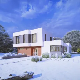 Wizualizacja nowoczesnego, dwukondygnacyjnego domu z płaskim dachem, wykończonego drewnem i szarymi elementami, otoczonego zimowym krajobrazem z ośnieżonymi drzewami i krzewami; w prawym dolnym...