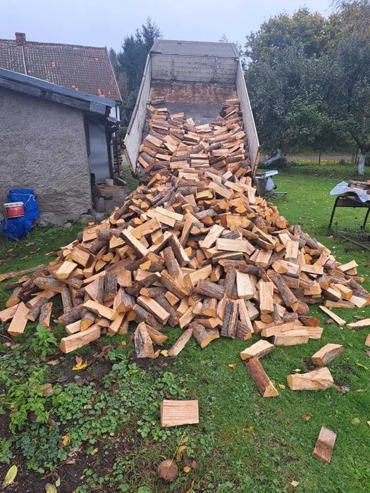Wyładunek pociętego drewna z wywrotki na trawnik przed budynkiem gospodarczym, widoczne pojedyncze kawałki drewna na trawie.