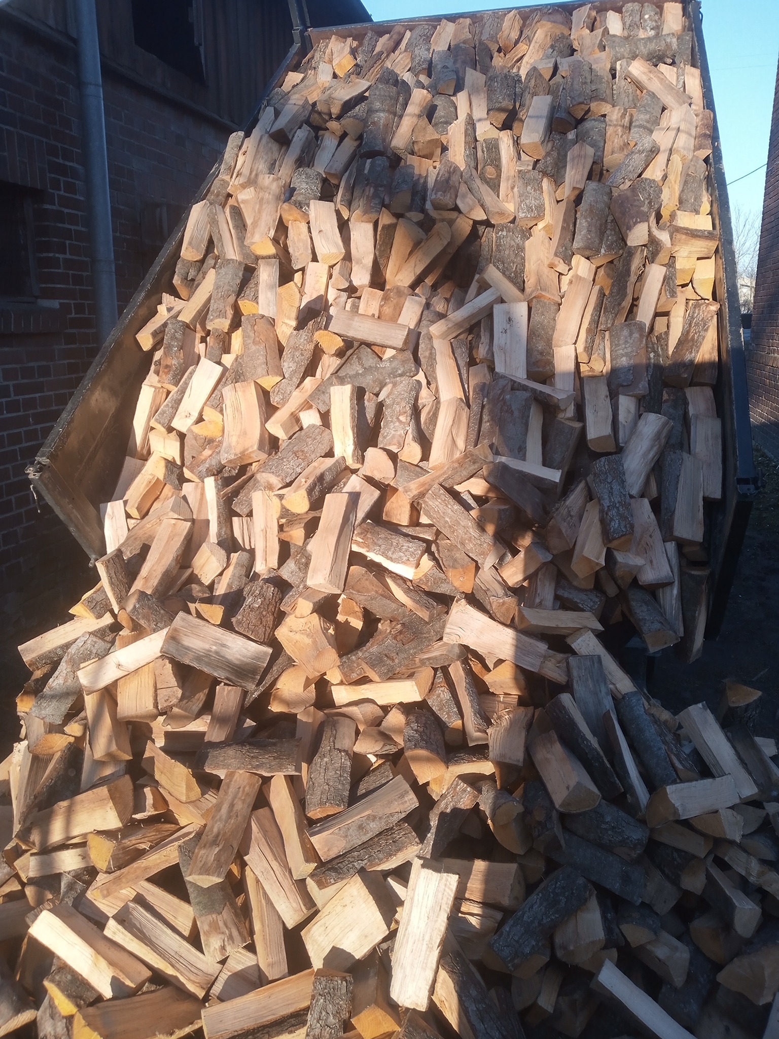 Kupa pociętego drewna kominkowego w metalowej skrzyni, z widocznymi fragmentami kory i jasnego drewna, na tle ceglanego budynku i błękitnego nieba.