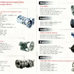 Katalog z przeglądem modeli skrzyń bieg&oacute;w r&oacute;żnych marek, w tym ZF, Volvo, Scania, Mercedes, Iveco, Voith, Eaton i Allison, zawierający specyfikacje i numery seryjne.