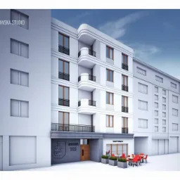 Wizualizacja budynku usługowo-mieszkalnego z balkonami i lokalem usługowym na parterze, widoczny adres 'Morska 145' i logo studia projektowego w lewym górnym rogu.