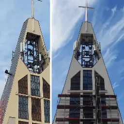Dwa ujęcia wieży kościoła z krzyżem na szczycie, na której zamontowane są anteny telekomunikacyjne. Na jednym ujęciu pracownik na linie dokonuje prac na elewacji, na drugim pracownik na rusztowaniu...