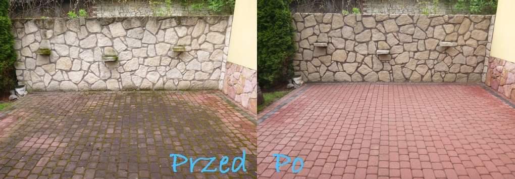 Porównanie stanu kostki brukowej przed i po czyszczeniu: po lewej stronie brudna, porośnięta mchem, po prawej świeżo wyczyszczona, z odzyskanym czerwonym kolorem, na tle kamiennego muru z półkami.