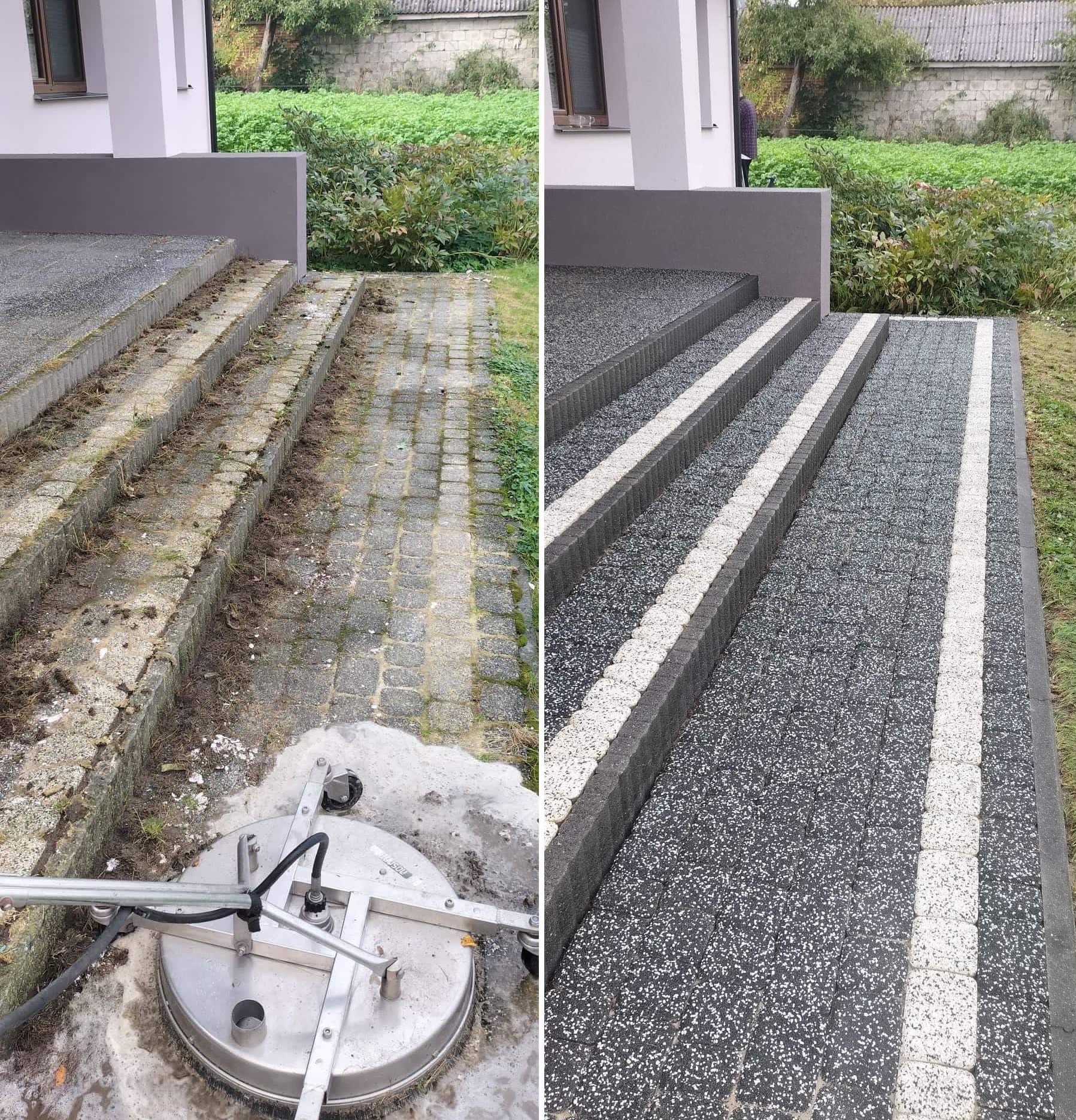 Porównanie kostki brukowej przed i po czyszczeniu, z użyciem profesjonalnej myjki ciśnieniowej z okrągłą dyszą, widoczne wyraźne różnice w kolorze i czystości, schody z kostki po prawej stronie są...