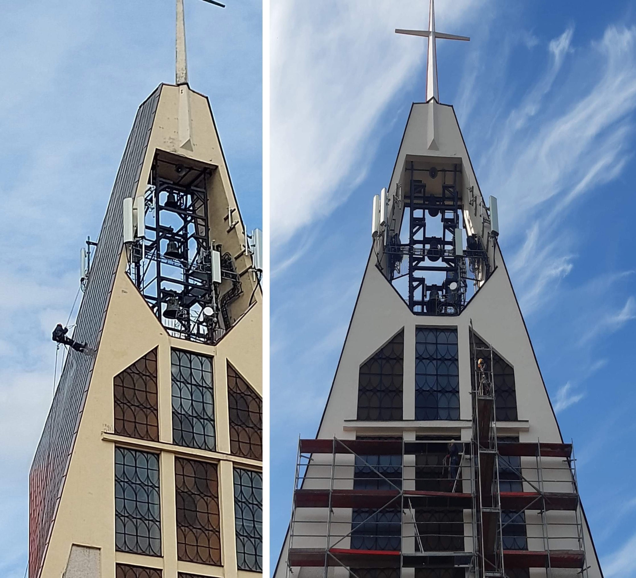 Dwa ujęcia wieży kościoła z krzyżem na szczycie, na której zamontowane są anteny telekomunikacyjne. Na jednym ujęciu pracownik na linie dokonuje prac na elewacji, na drugim pracownik na rusztowaniu...