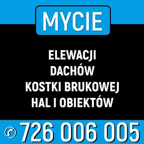 Grafika reklamowa usług czyszczenia elewacji, dachów, kostki brukowej, hal i obiektów, z numerem telefonu na niebieskim tle.