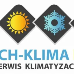 Logo firmy TECH-KLIMA KG z ikonami liścia, słońca, płatka śniegu i wentylatora, oraz napisem 'SERWIS KLIMATYZACJI' w kolorze niebieskim i zielonym.