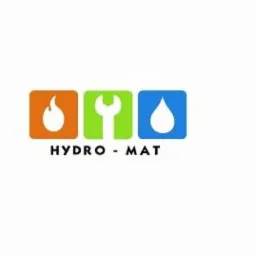 Logo firmy Hydro-Mat: płomień, klucz i kropla w kolorowych kwadratach. Symbolizuje instalacje gazowe, hydrauliczne i grzewcze.