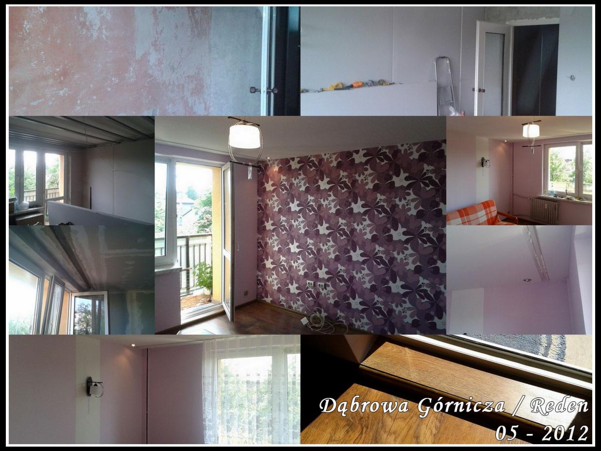 Mozaika zdjęć z remontu mieszkania: ściany przed i po malowaniu, montaż sufitu podwieszanego, tapeta w kwiaty, parkiet przy drzwiach balkonowych.