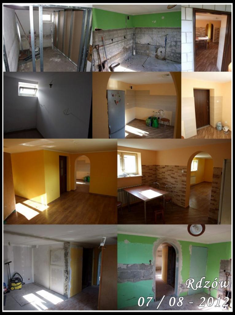 Mozaika zdjęć ukazująca różne etapy remontu wnętrz: od surowego stanu z odsłoniętymi ścianami i metalową konstrukcją, przez postęp prac wykończeniowych, aż po pomalowane pokoje z nową podłogą...