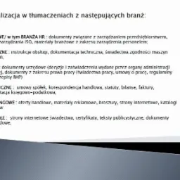 Tekst informujący o specjalizacji w tłumaczeniach dokumentów biznesowych, technicznych, prawnych, ekonomicznych i marketingowych.