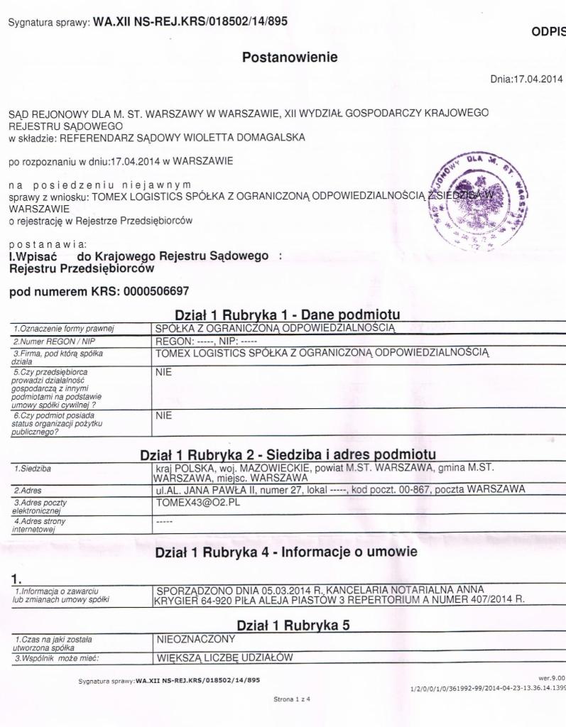 Skan dokumentu KRS firmy TOMEX LOGISTICS Spółka z Ograniczoną Odpowiedzialnością, zawierający dane o siedzibie, adresie i formie prawnej, opatrzony datą 17.04.2014.