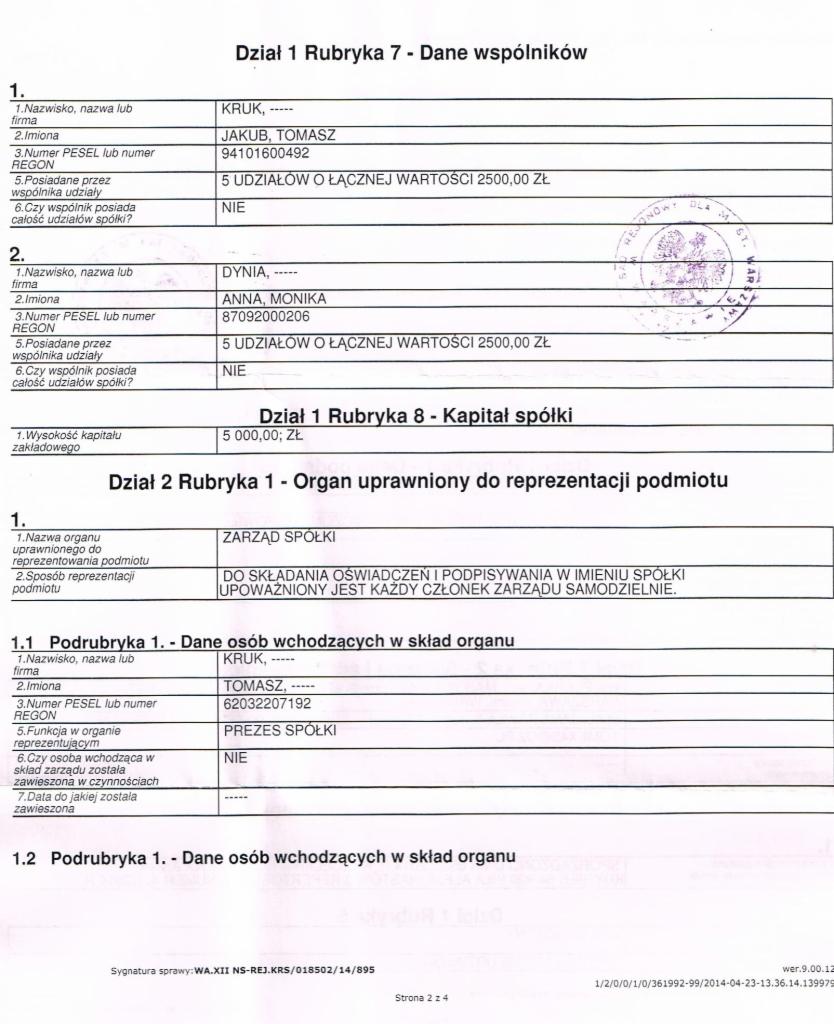 Skan fragmentu dokumentu KRS z danymi wspólników, kapitałem zakładowym i organem reprezentacji spółki. Widoczny stempel urzędowy.
