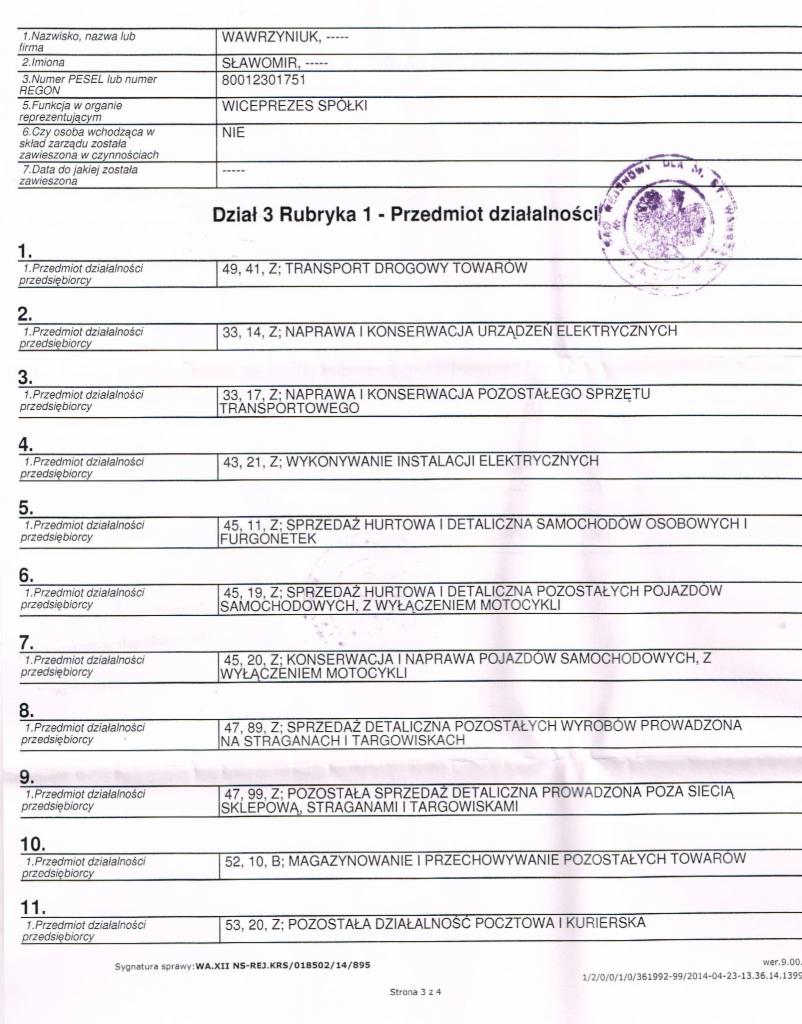 Skan dokumentu KRS z danymi firmy, w tym informacjami o profilu działalności obejmującym transport drogowy towarów.