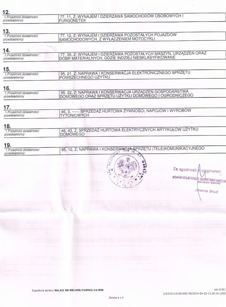 Skan dokumentu KRS z pieczątką poświadczającą zgodność z oryginałem, zawierający wpisy dotyczące przedmiotu działalności firmy, w tym wynajem i dzierżawa samochodów oraz naprawa sprzętu.