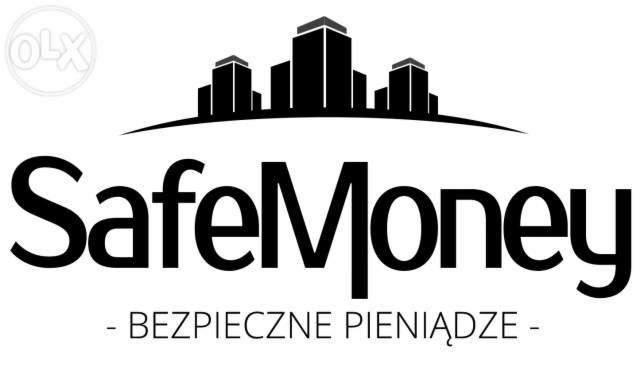 Logo SafeMoney z sylwetką miasta w tle i napisem Bezpieczne Pieniądze poniżej.