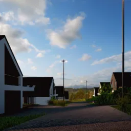 Wizualizacja osiedla pięciu nowoczesnych domów jednorodzinnych z czarnymi dachami i białymi elewacjami, przeznaczonych na wynajem w Mochnaczce Niżnej, gm. Krynica Zdrój, widok z poziomu chodnika.