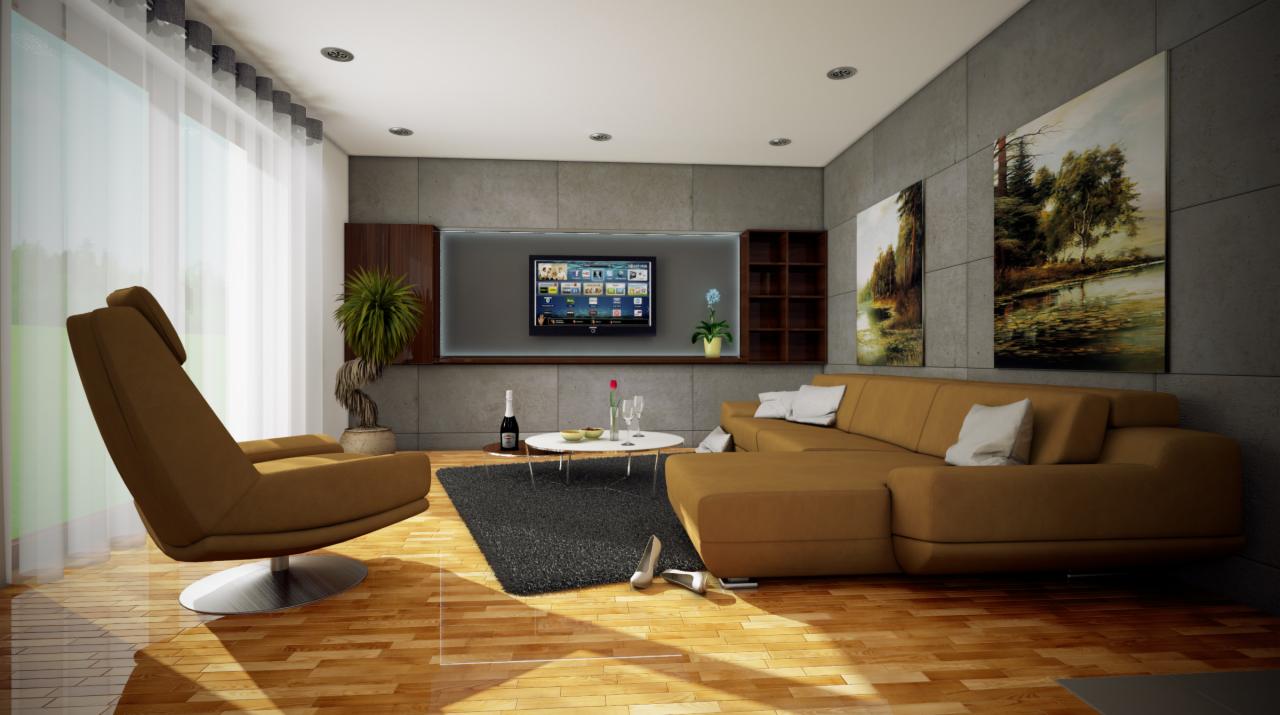 Wizualizacja salonu z drewnianą podłogą, brązową sofą narożną, obrotowym fotelem, telewizorem na ścianie i obrazami, uzupełniona o białe szpilki leżące na podłodze.