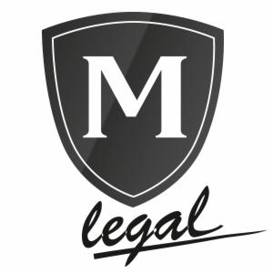 Czarno-białe logo 'M legal' w kształcie tarczy z literą M i stylizowanym napisem poniżej, na białym tle. Minimalistyczny design.
