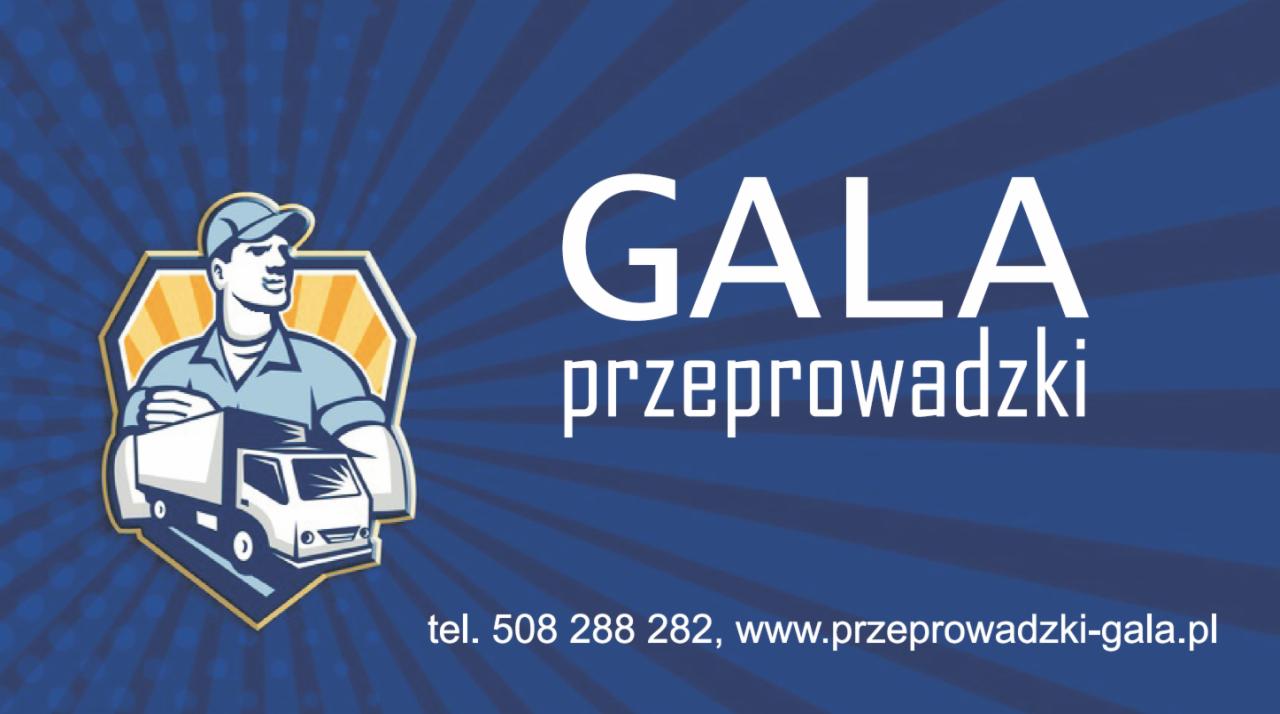 Grafika z logo firmy przeprowadzkowej 'Gala' z wizerunkiem pracownika transportu i busem na tle niebieskich promieni. Kontakt: tel. 508 288 282, www.przeprowadzki-gala.pl
