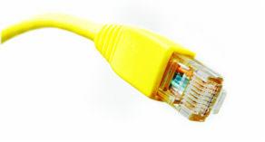 Żółty kabel sieciowy zakończony przezroczystą wtyczką RJ45, widoczne metalowe styki i kolorowe przewody wewnątrz wtyczki, ułożony ukośnie na białym tle.