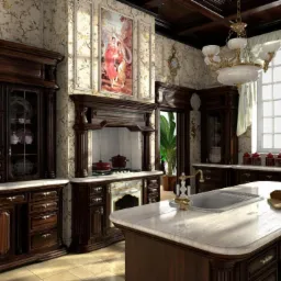 Klasyczna kuchnia z ciemnego drewna, marmurowym blatem, dekoracyjną tapetą w kwiaty i obrazem na ścianie, oświetlona ozdobnym żyrandolem.