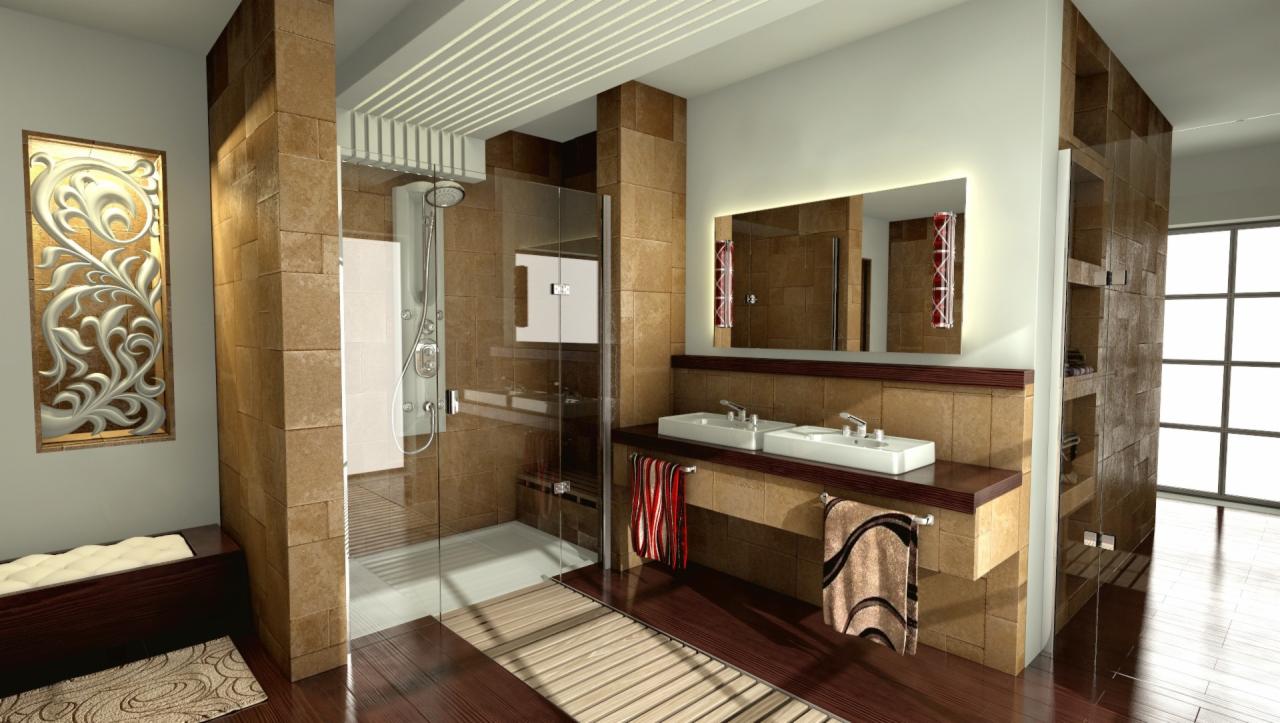 Przestronny pokój kąpielowy z kabiną prysznicową ze szklanymi drzwiami, dwiema białymi umywalkami, dużym lustrem z podświetleniem i dekoracyjnym obrazem na ścianie, wykończony brązowymi płytkami...