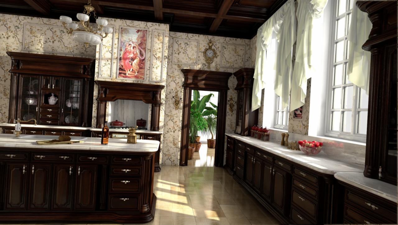 Elegancka kuchnia w stylu klasycznym z ciemnymi drewnianymi meblami, marmurowym blatem, dekoracyjną tapetą w kwiaty, okrągłym żyrandolem i obrazem na ścianie, widok na rośliny doniczkowe w przejściu.