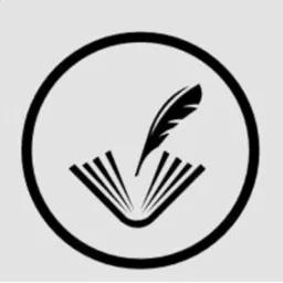 Czarno-biały ikoniczny symbol otwartej księgi z piórem w okręgu, na szarym tle. Minimalistyczny design.