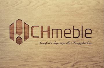 Logo CHmeble wygrawerowane na jasnym, drewnianym tle. Minimalistyczny, geometryczny znak i napis 'komfort i elegancja dla Twojej kuchni'.