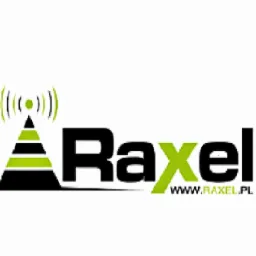Logo firmy Raxel z motywem anteny i sygnału Wi-Fi, oferującej szybki internet LTE bez limitów, z adresem strony www.raxel.pl.