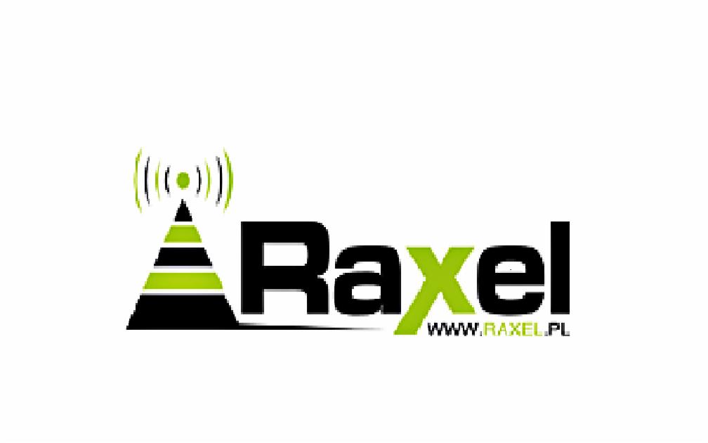 Logo firmy Raxel z motywem anteny i sygnału Wi-Fi, oferującej szybki internet LTE bez limitów, z adresem strony www.raxel.pl.