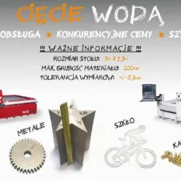 Cięcie wodą różnych materiałów: metalu, tworzyw sztucznych, szkła i kamienia. Prezentacja maszyn do cięcia wodą i przykładowych wyciętych elementów.