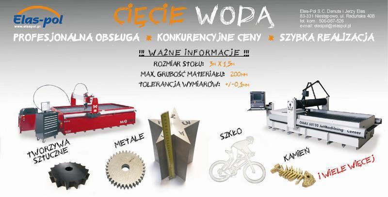 Cięcie wodą różnych materiałów: metalu, tworzyw sztucznych, szkła i kamienia. Prezentacja maszyn do cięcia wodą i przykładowych wyciętych elementów.