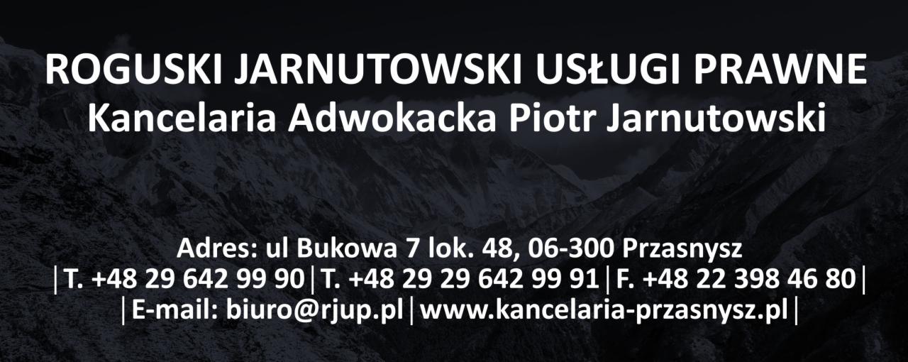 Wizytówka Kancelarii Adwokackiej Roguski Jarnutowski z Przasnysza: adres, telefony, e-mail i strona www na tle grafiki górskiego krajobrazu w odcieniach szarości.